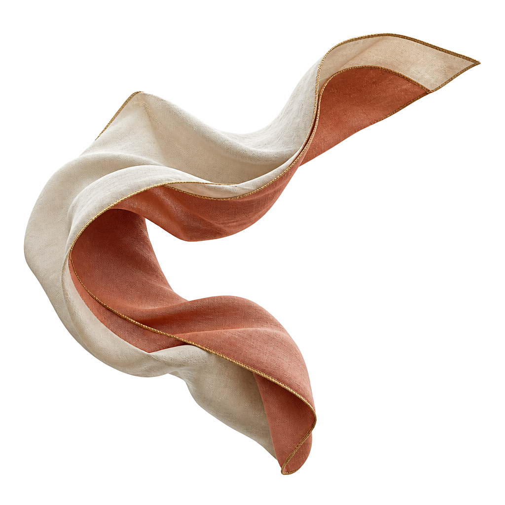 Flowing ivory and terracotta fabric sculpture edged with a fine gold thread